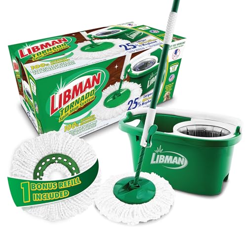 Libman Tornado Spin Mop System, Spinning Floor Mopping and Bucket with Wringer Set for Home, Hardwood, Laminate, Tile Cleaning, Includes 1 Machine Washable Replacement Head Refills (2 Total)