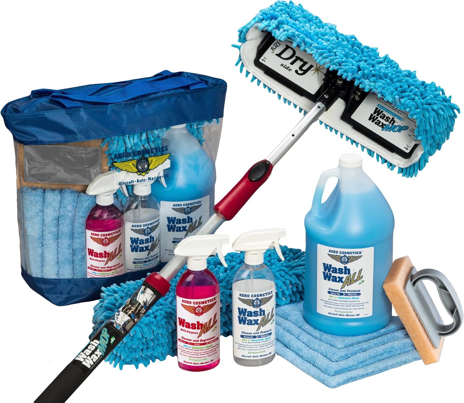 Aero Cosmetics Waterless RV Aircraft Boat Wash Wax Mop Kit with Deluxe Pole (3' 9