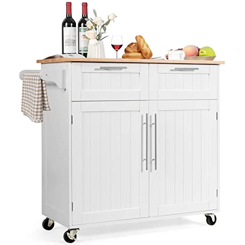 Topment Rolling Kitchen Island Cart Storage Trolley Multipurpose Serving Cart with Storage,Lockable Wheels,Towel Rack and Rubber Wood Top(White)