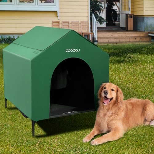 42” Outdoor Dog House for Large Breeds, Durable Large Dog Shelter with Weatherproof 600D PVC Canopy, Breathable 2x1 Textilene Fabric Elevated Dog Bed, XL Dog Kennel for Outside Use