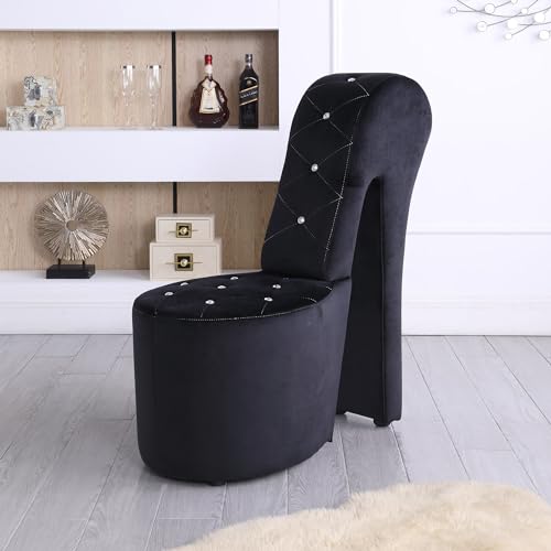 Best Master Furniture High Heel Velvet Shoe Chair with Crystal Studs, Black