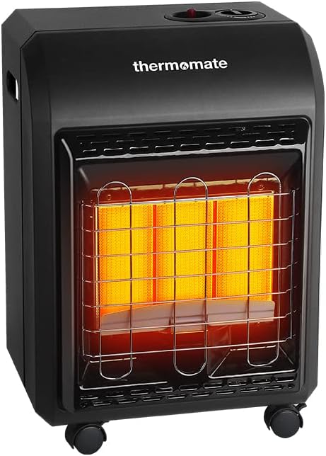 Propane Heater, thermomate 18,000 BTU Portable LP Gas Heater with 3 Power Settings, Mobile Radiant Cabinet LP Heater with Gas Regulator and Hose, Heating Area Up to 450 Sq. Ft