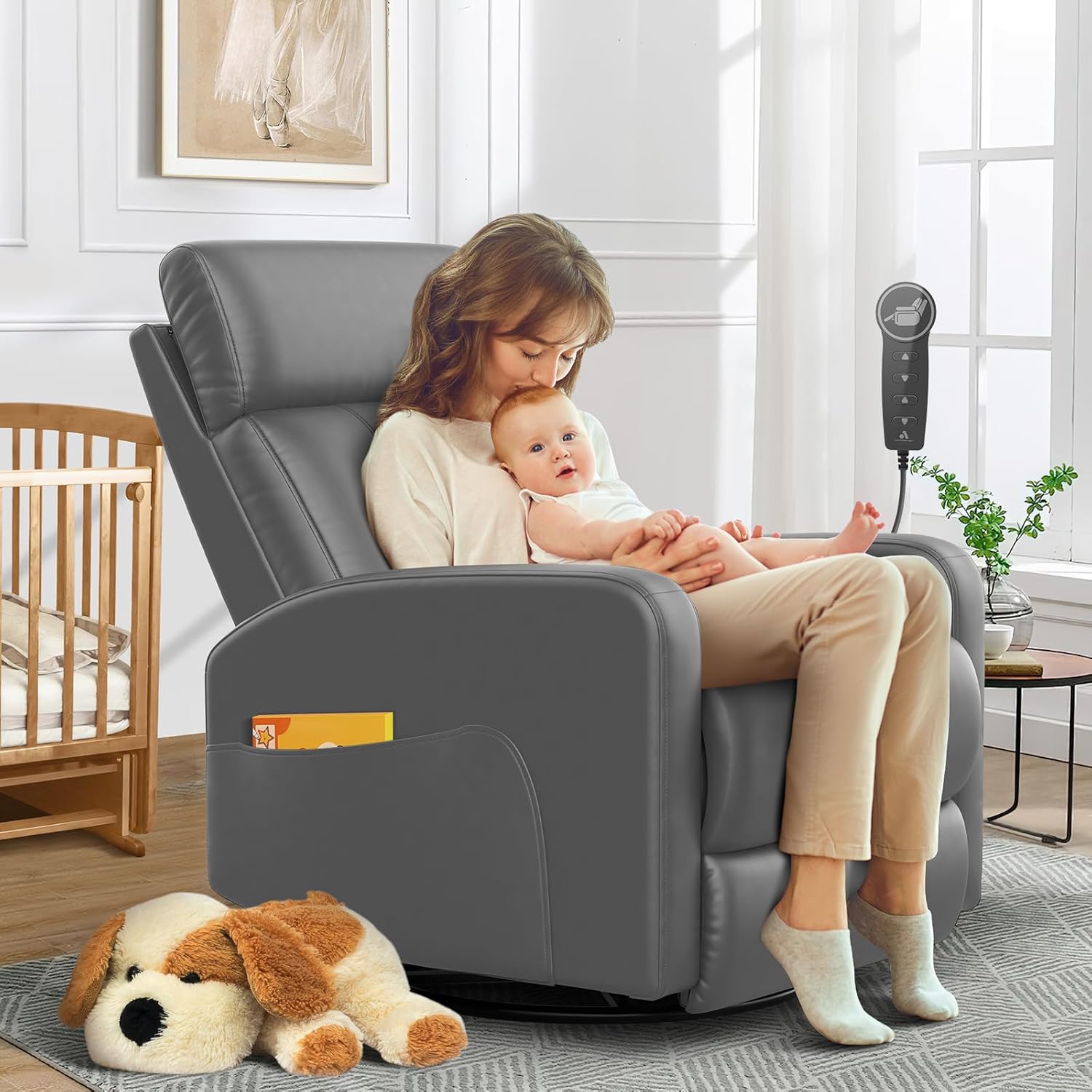 Power Recliner Nursery Glider Chair, Power Adjustable Head Support, 270 Degree Swivel Glider Rocking Chair with USB & Type C Ports, PU Leather Recliner Chair for Nursing, Living Room, Grey