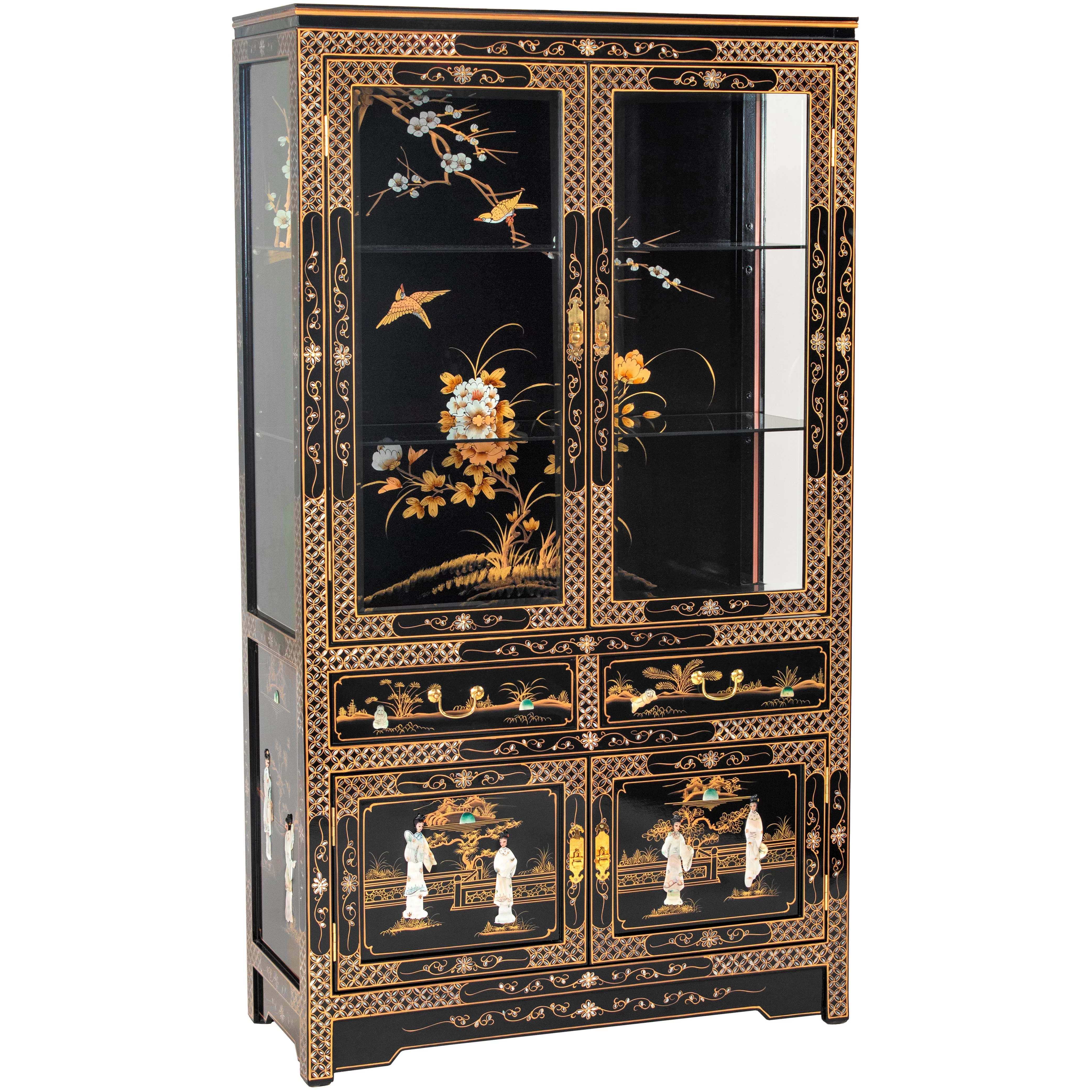 Oriental Furniture Black Lacquer China Cabinet - Royal Ladies