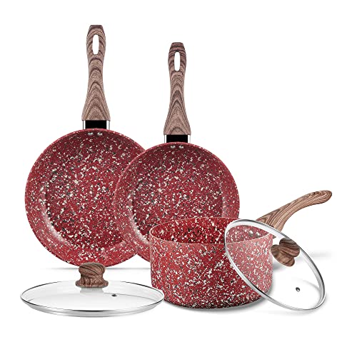 KOCH SYSTEME CS Nonstick Cookware Set - Saucepan and Frying Pans/Skillets Set, Induction Cooker Compatible, Red Stone-Derived Nonstick Coating & Cool-to-Touch Bakelite Handle, PFOS PFOA Free, 5 Piece