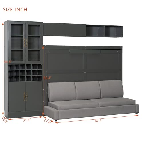 Merax Queen Size Murphy Bed Wall Bed with Sofa, Shelves, USB & Light - Space Saving Foldable Bed for Small Apartments, Grey