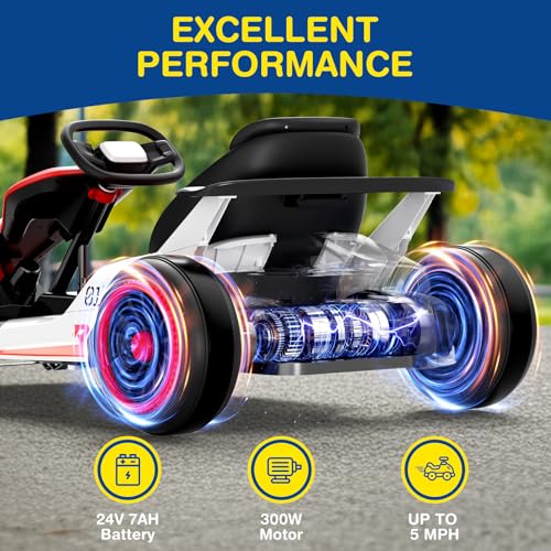 Planet X8 24V Electric Go Kart, 2x150W Drift Kart for Big Kids, 5-Point Safety Belt with Soft Start, Up to 8 MPH Racing Speed, 7AH Large Battery, Power Display, Wireless, Music