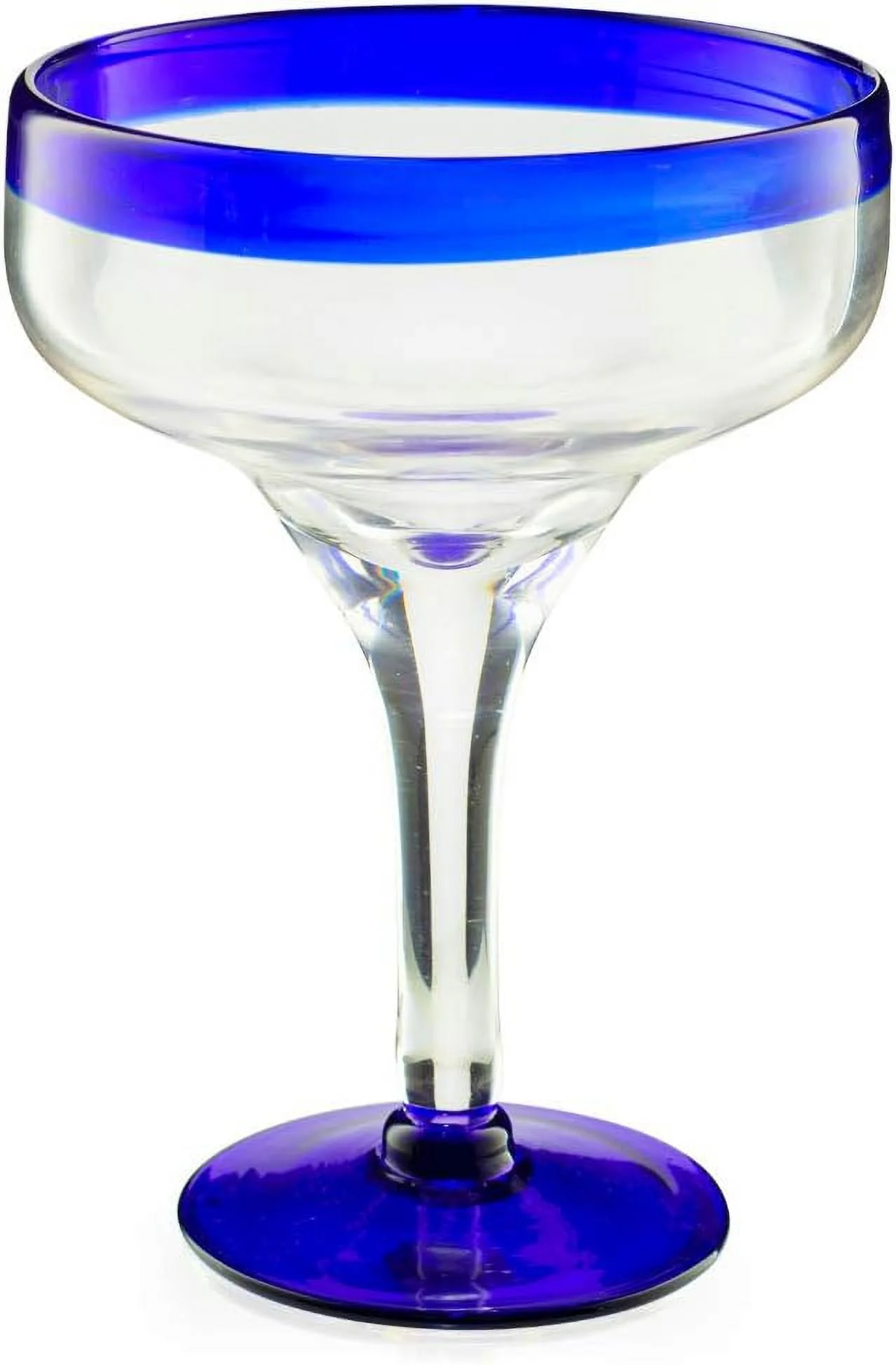 TWS Mexican Hand Blown 16oz Glasses, Set of 4, Cobalt Blue Rim, Margarita & Cocktail - The Wine Savant, Dishwasher Safe