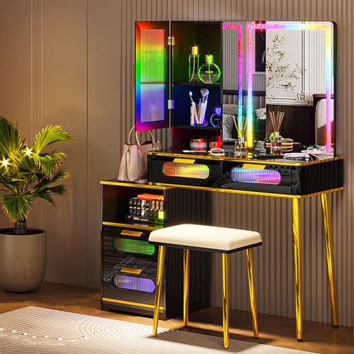 RGB LED Vanity Desk with Mirror and Lights, Makeup Vanity Table with Charging Station, 7 Dynamic and 24 Static Dimmable Vanity Set, Dressing Table with Jewelry Organizer, Gifts for Women/Girls, Black
