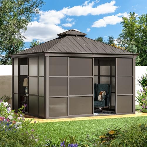 EROMMY 12' x 15' Sunroom, Solarium Gazebo with Aluminum Frame and Polycarbonate Roof, Outdoor Permanent Sun Room with Moveable PVC Screen and Sliding Door for Garden, Patio, Deck, Lawns