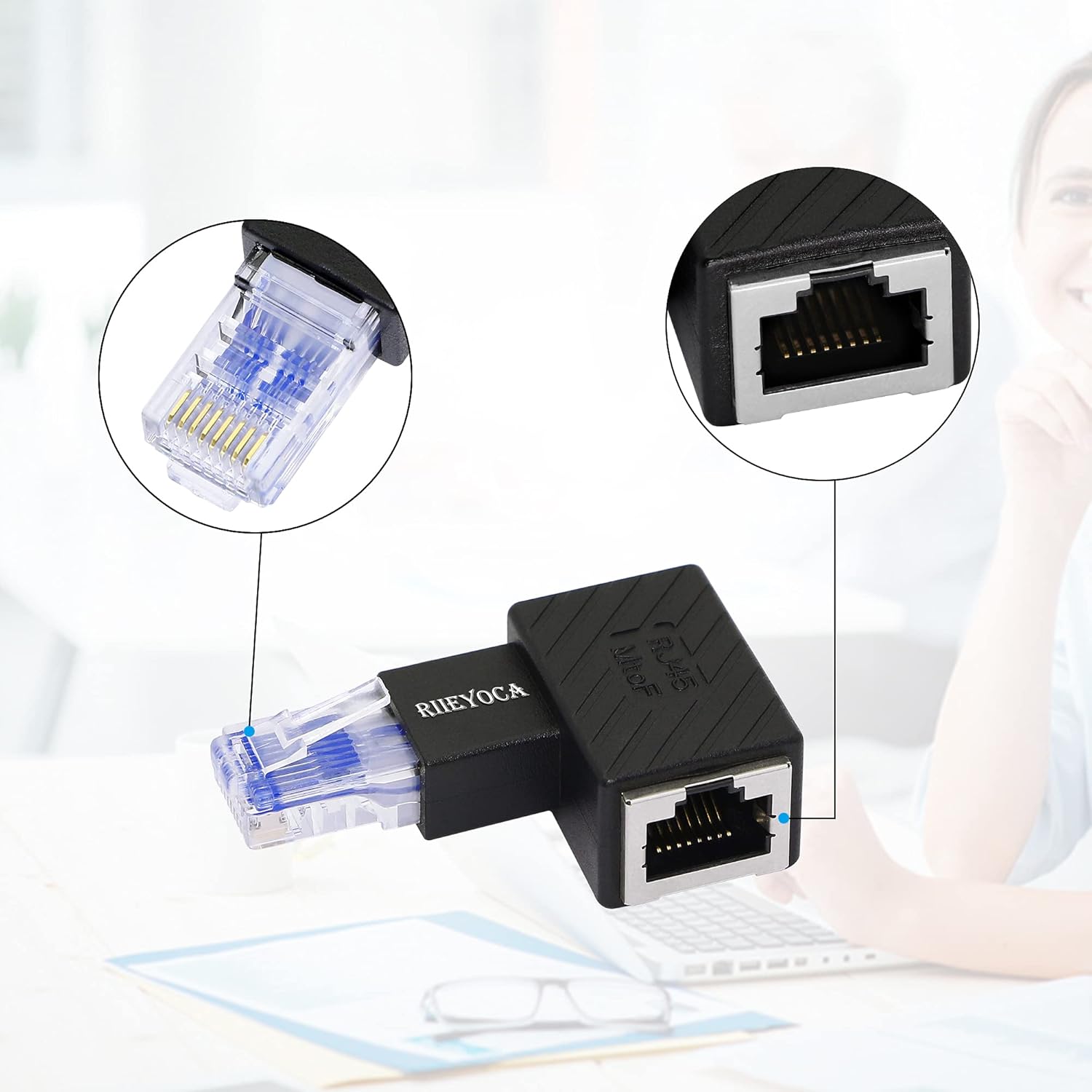 RIIEYOCA Right Angle Ethernet Adapter, 90 Degree RJ45 Male to Female Extension Cat6 LAN Network Connector for Computers, Laptops, Routers(2-Pack) Black(R)