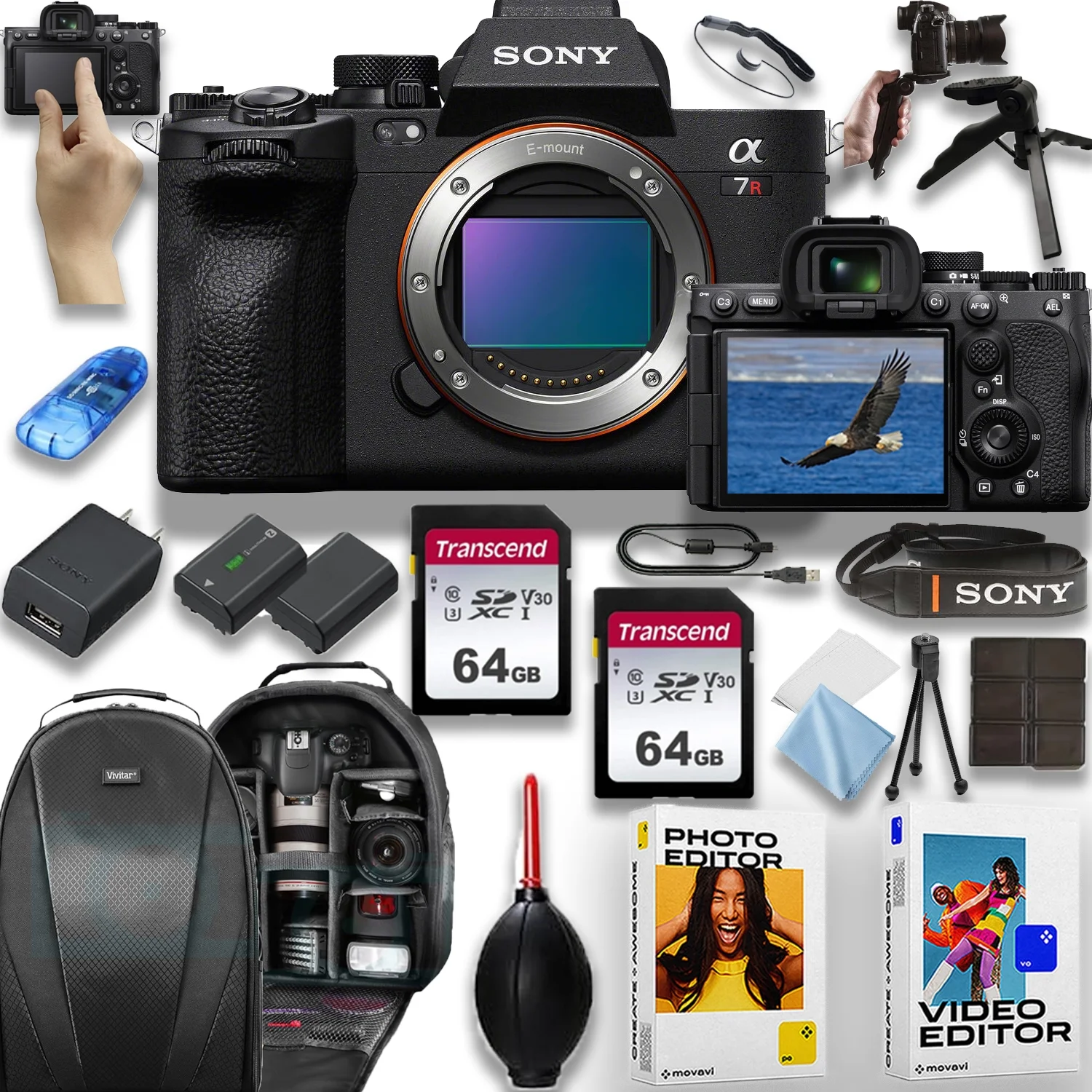 Sony a7R V Full Frame Mirrorless 61MP 8K video recording Camera Body Bundle with 2x64 Fast Memory Cards, Tripod+Extra Replacement Battery, Software Kit and Accessories
