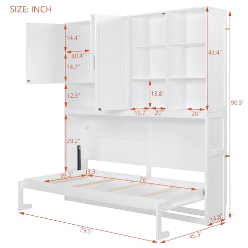 SOFTSEA Twin Size Murphy Bed Frame with Storage Cabinet and Shelves, Foldable Wall Bed with Light & USB for Guest Room, No Box Spring Needed, Gray