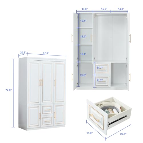 Closet with Doors Armoire Wardrobe Closets Wood Cabinet White Storage Closet Cabinet for Bedroom Armoires Clothes Wood Closet with Hanging Rod (20.51