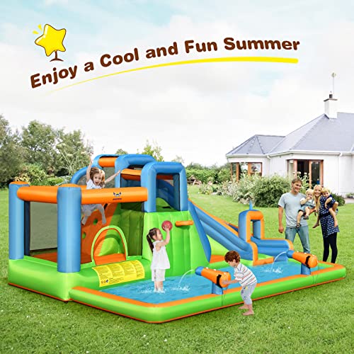 HONEY JOY Inflatable Water Slide, 7 in 1 Giant Water Park Bounce House for Outdoor Backyard, Splash Pool, Water Cannons & Climbing Walls, Blow up Water Slides Inflatables for Kids and Adults