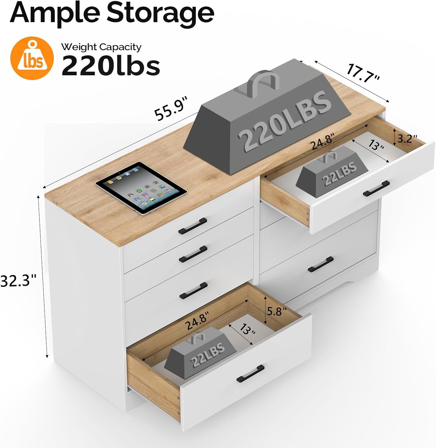 VINGLI 8 Drawer Dresser for Bedroom, White Dresser, Kids Dresser Wood Chest of Drawers, Baby Dresser for Nursery, Nursery Dresser, Storage Dresser Cabinet, Long Dresser, Modern Dresser, Brown Top