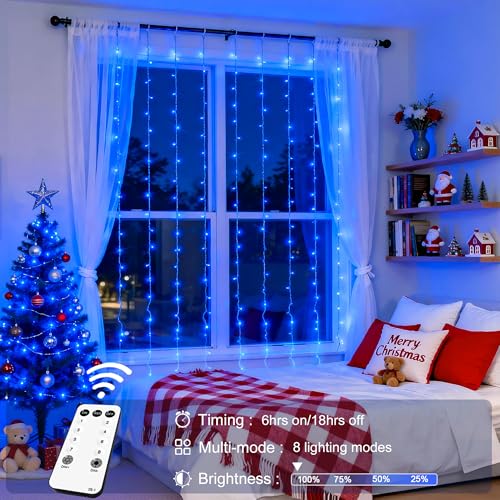 JMEXSUSS 300 LED Remote Control Christmas Curtain Lights, Plug in Fairy Curtain Lights Outdoor, Window Wall Hanging String Lights for Bedroom Backdrop Wedding Party Indoor Patio Xmas Decor, Warm White