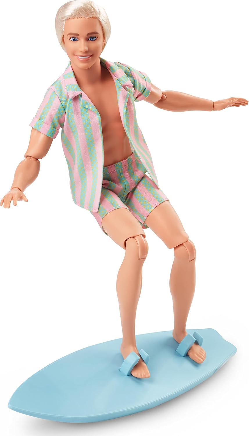 Barbie The Movie Ken Doll, Collectible Wearing Pastel Pink & Green Striped Beach Matching Set with Surfboard & White Sneakers