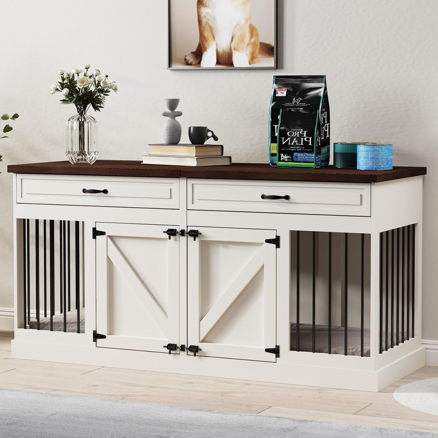 Dog Crate Furniture - Indoor Heavy Duty Wooden Furniture Style Dog Crate with 2 Doors, Room Divider and 2 Drawer - 63