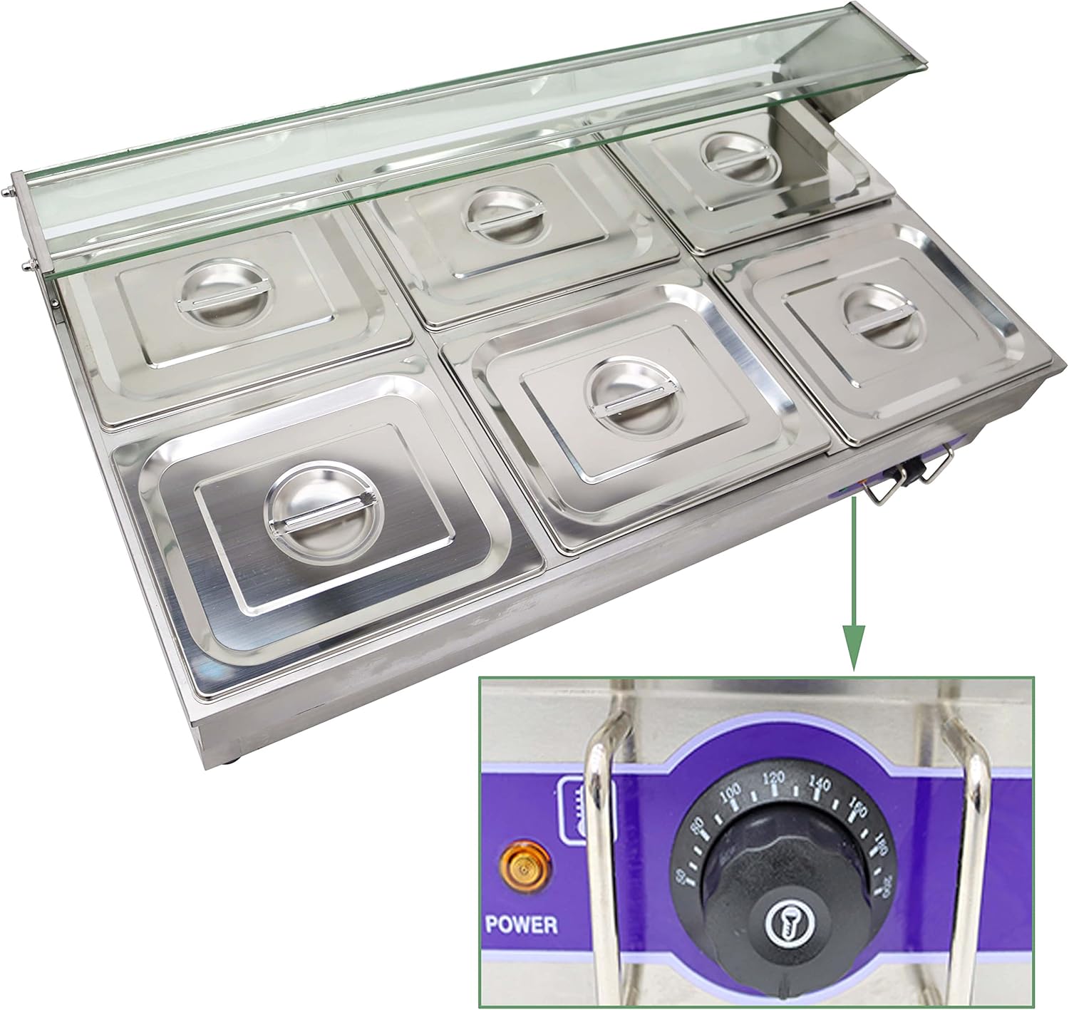 TECHTONGDA 6-Pan Bain-Marie Buffet Food Warmer Double Row Electric Steam Heater Stainless Steel Parties Catering Restaurants 2000W