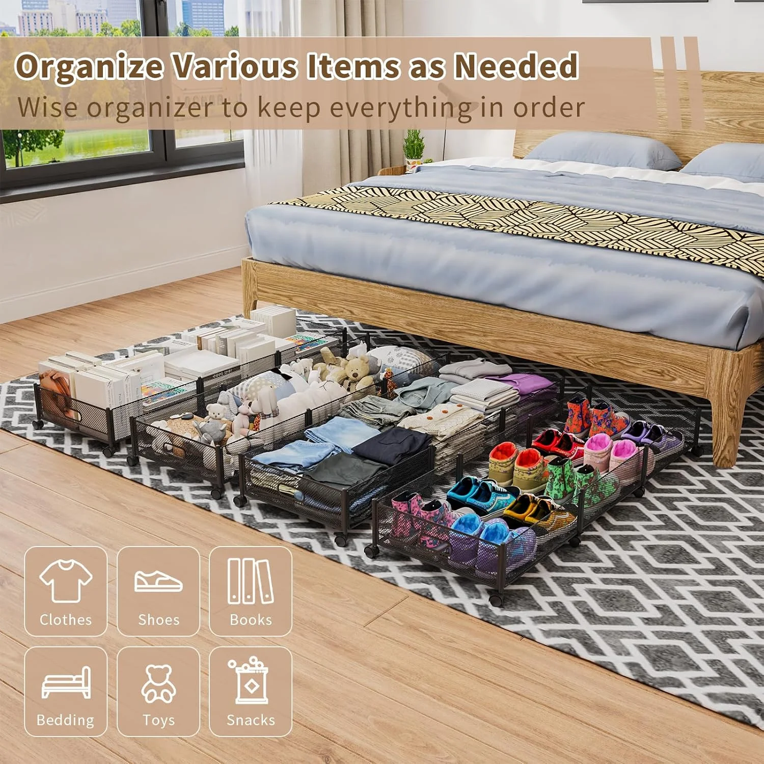 47.2'' Long Under Bed Storage on Wheels, 57.6L Large Capacity Rolling Under the Bed Storage Containers, Tool-Free Assembly Foldable Underbed Shoes Clothes Toy Drawers