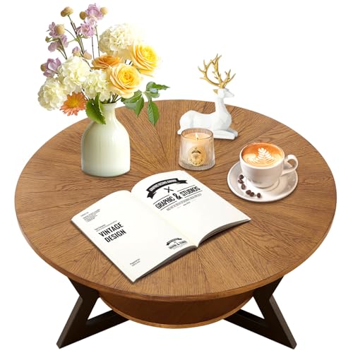 Coffee Table, Round Wood Coffee Table for Living Room with 2-Tier Table Top with Storage Rack, Metal Leg Triangle Support Design, Home Furniture, 35 x 35 x 17 in