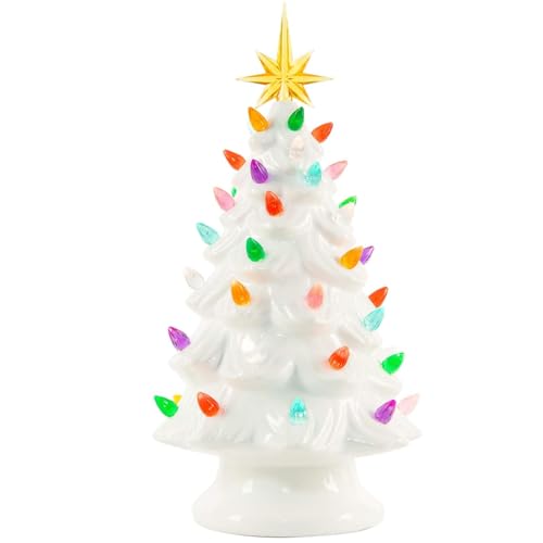 Brightown 13 Inch Ceramic Christmas Tree, Pre-lit Tabletop Christmas Tree with Multicolored LED Lights, Battery Operated Vintage Lighted Ceramic Tree for Home Office Table Holiday Decorations, Green