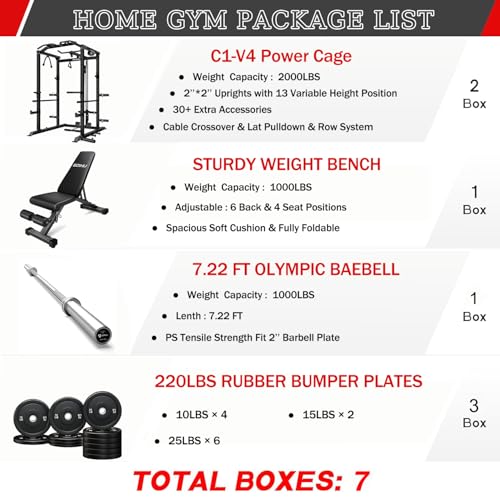 C1-V4 Power Cage, 2000LBS Squat Rack with LAT Pulldown, Multi-Function Weight Cage Strength Training Machine, Workout Cage with More Attachments for Home Gym Garage