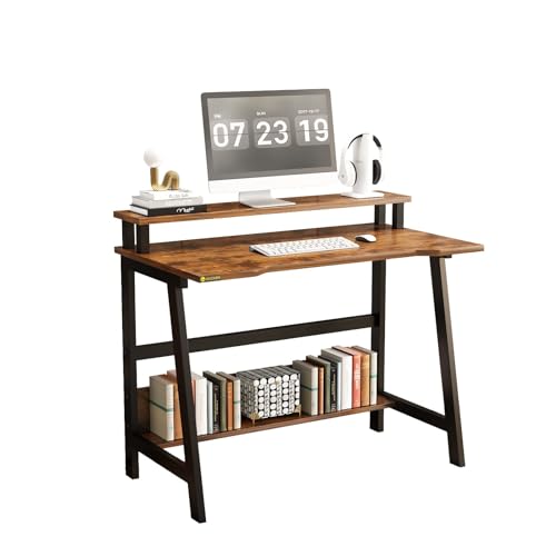 31.5 Inch Small Desk for Small Spaces, Compact Desk with Storage, Home Office Study Desk with Monitor Stand,Black