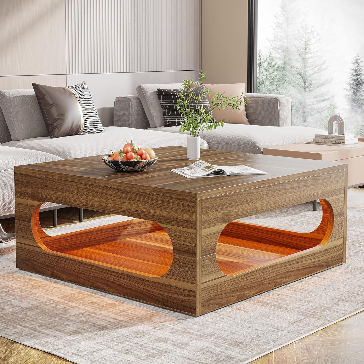 Tribesigns 43-Inch Coffee Table with LED Light, Square Coffee Table with Storage, Wood Cocktail Table, Farmhouse Center Table for Living Room Home Office, Brown