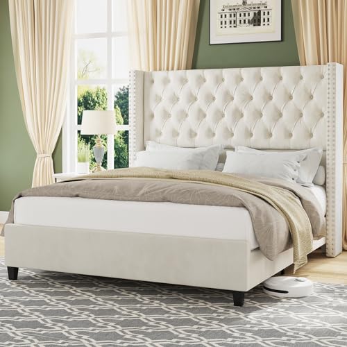 Jocisland King Upholstered Bed Frame with Tall Headboard Wingback Platform Bed Tufted Deep Button Velvet/No Box Spring Needed/Easy Assembly/Light Grey
