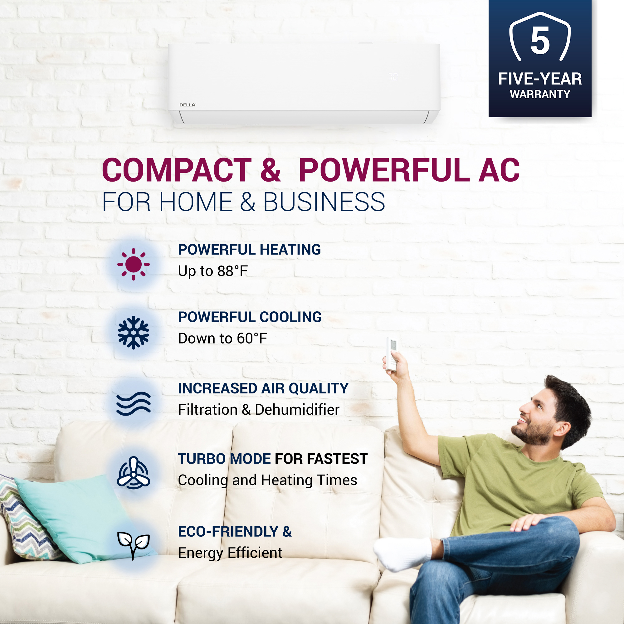 DELLA Optima Series 12,000 BTU Wifi Mini Split AC, Work with Alexa,Energy Star 208/230V 23 SEER2 Cools Up to 550 Sq.Ft Inverter Air Conditioner w/1 Ton Pre-Charged Heat Pump & 16.4ft Installation Kits