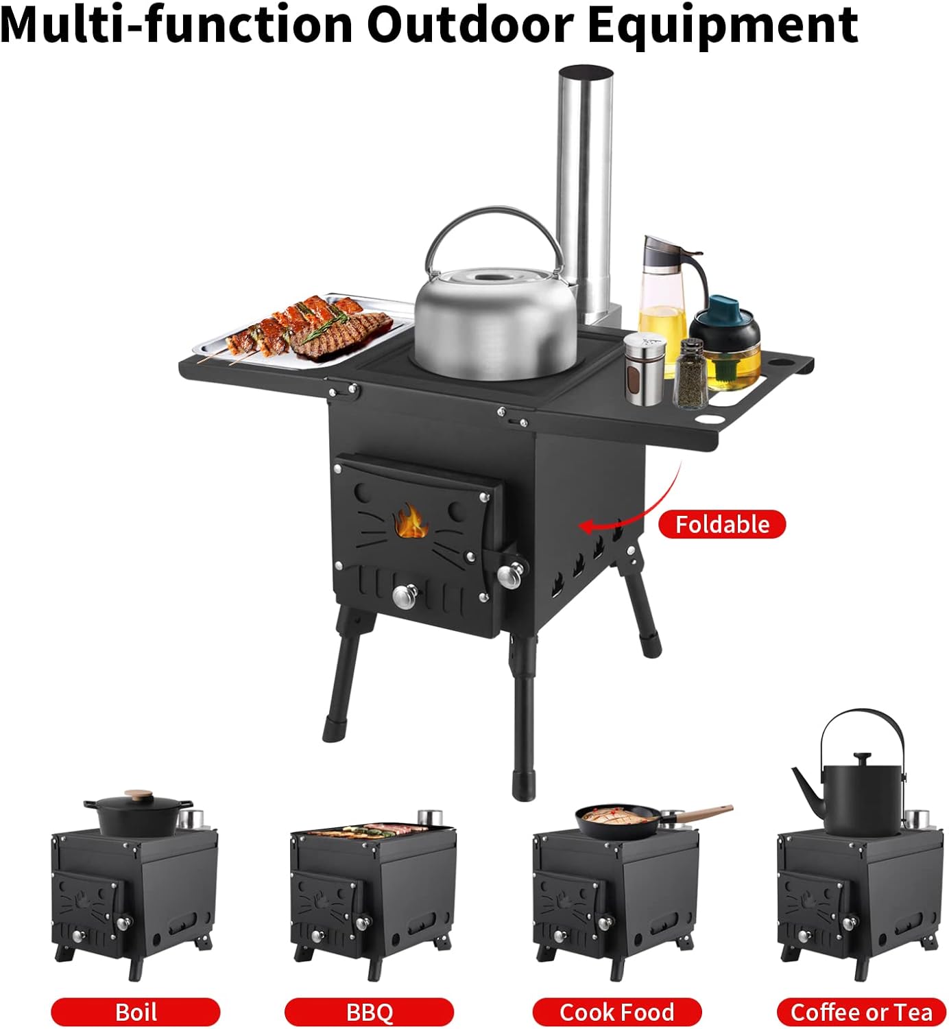 Portable Wood Burning Stove, Hot Tent Stove with Chimney Pipe, Outdoor Camping Wood Stove for Tent, Shelter, Heating and Cooking