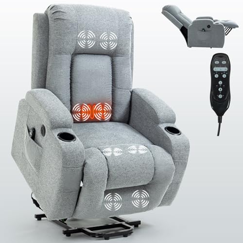 Power Lift Recliner Chair with USB Charging Port, 2 Cup Holders, Side Pockets, Waist Heating 8 Point Massage Chair, Up to 350 LBS Power Lazy Sofa Gray One Size