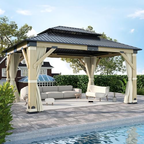 12'x12' Hardtop Gazebo, Outdoor Double Roof Galvanized Steel Gazebos, Aluminum Frame Permanent Pavilion with Curtains & Netting for Backyard, Patio, Deck