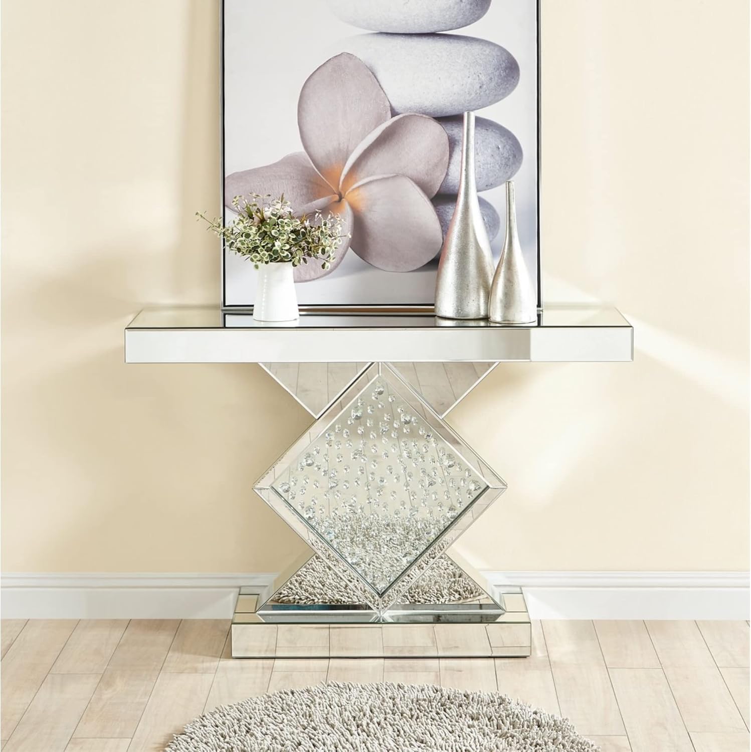 Rectangle Beveled Glass Mirrored Crystal Console Table in Clear Mirror Finish