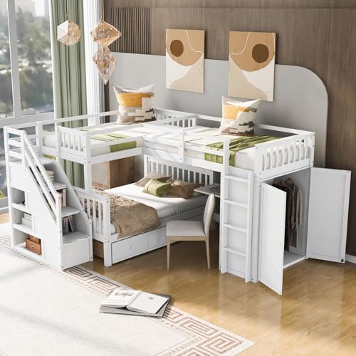 MERITLINE Twin-Twin Over Full Triple Bunk Bed with Storage Stairs,Wardrobe and Desk,Solid Wood L-Shaped 3 Bunk Bed with Ladder,Shelves,Headboard,Guardrail,No Box Spring Needed (Grey)