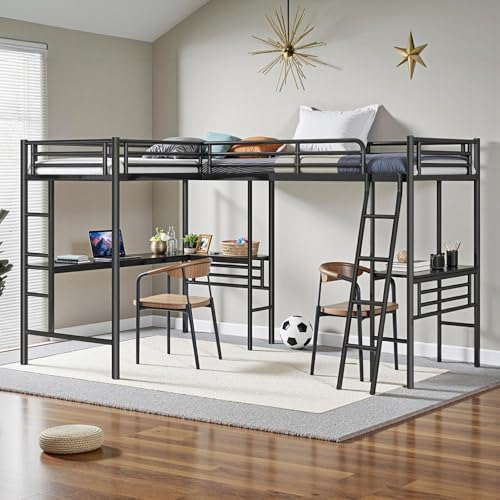Twin Size L-Shaped Loft Bed with 2 Built-in Desks, Metal Loft Corner Bed with 2 Ladders and Safety Guard Rail, Heavy-Duty Bunk Bed for 2 Children Adults, Space Saving & No Noise, Black