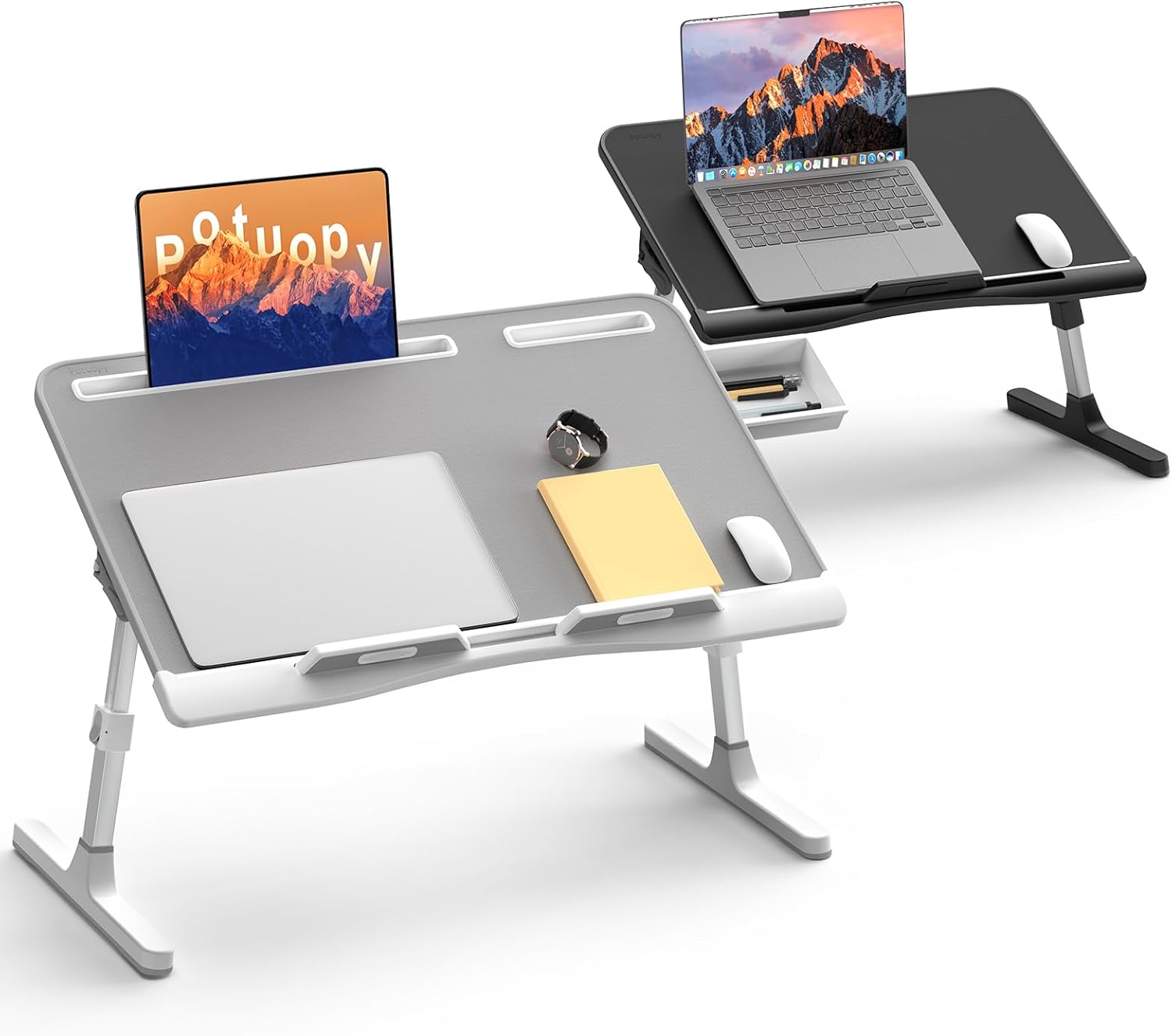 Laptop Bed Desk, Potuopy Leather Bed Table Tray with Removable Stopper, Foldable & Adjustable Lap Desk for Working Writing Drawing Eating on Couch Floor Bed, X-Large Grey and Large Black