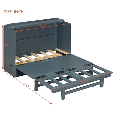 Merax Full Size Murphy Bed Cabinet with USB Charging Station and Large Storage Drawer, Foldable Pull Out Murphy Chest Bed for Apartments, Bedrooms, Studio, No Spring Box Needed, Gray