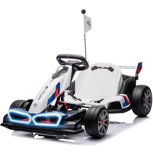 36V Licensed BMW Electric Go Kart, 7.5 MPH Drift Kart with 600W Motor, Outdoor Driftable Kids Race Pedal Go Karting Car w/Adjustable Seat, Lights, for 6 Years Old, White