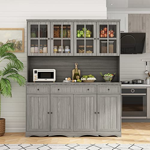 AIEGLE Large Kitchen Hutch Cabinet, Storage Cupboard Pantry with Glass Doors, Drawers & Countertop, Floor Kitchen Pantry Storage Cabinet Utility Buffet, Wooden Grey (61.2
