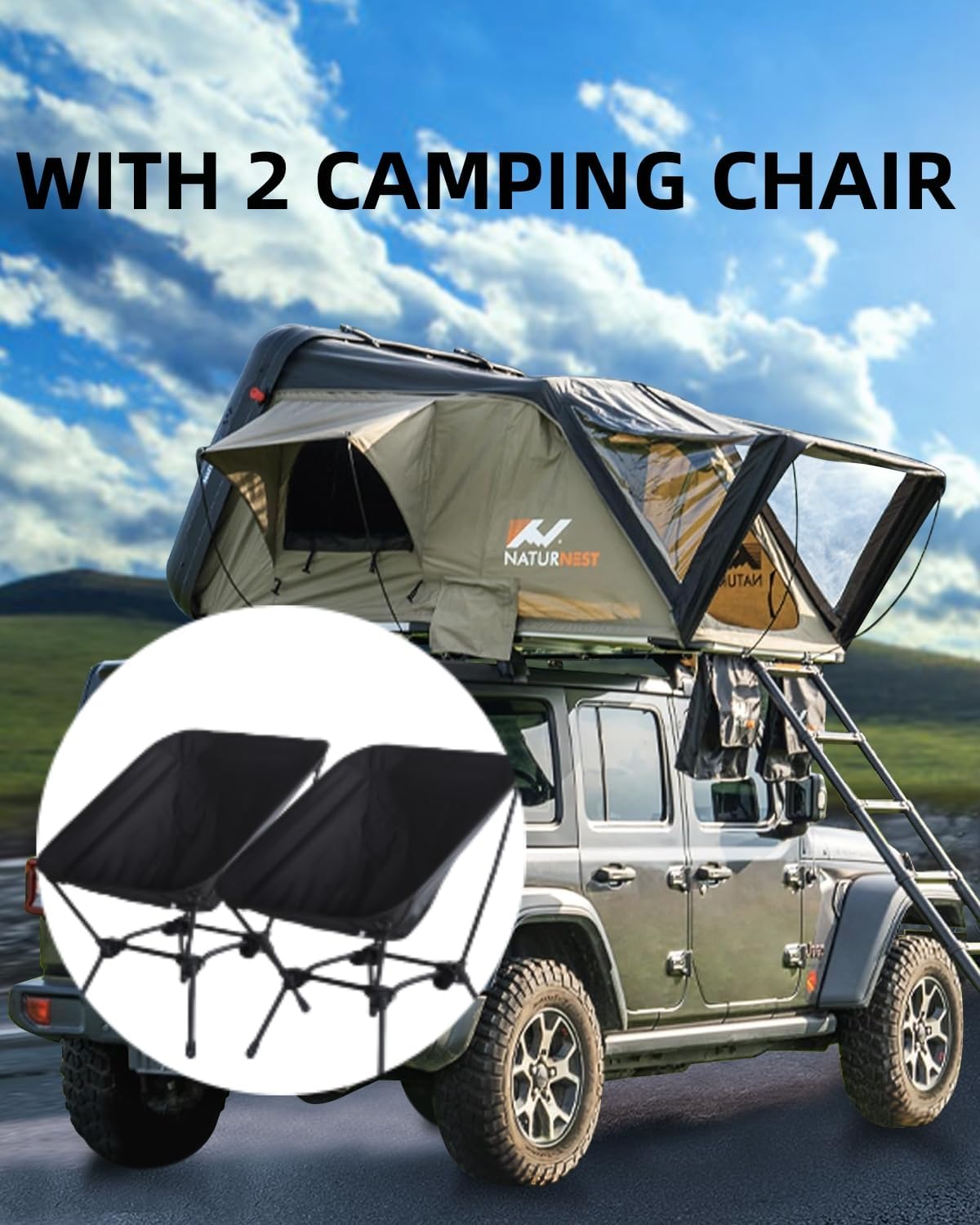 Naturnest Rooftop Tent Hard Shell with 2 Chair, BAMACAR Rooftop Tent for Jeep SUV Pickup Truck Van Overland Tent, Hardshell Rooftop Tent Nature Nest Roof Top Tent Car Camping Clamshell Roof Rack Tent
