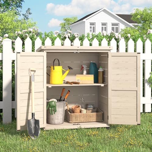 AECOJOY Outdoor Storage Cabinet, Garden Potting Bench Table with Waterproof Metal Tabletop and Removable Shelves, Solid Wooden Storage Shed Planting Work Bench for Patio, Beige
