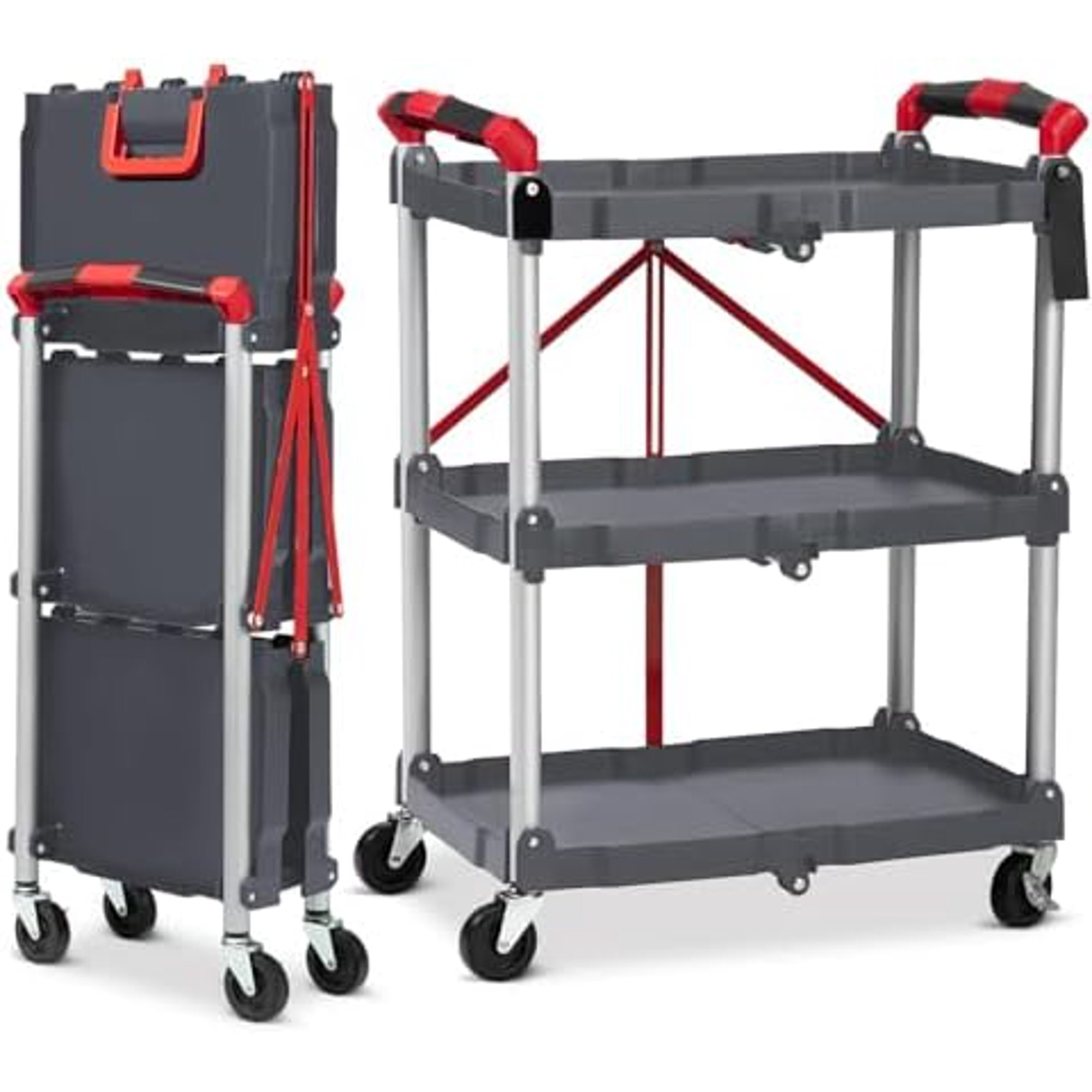 3-Tier Holds Foldable Utility Carts, Collapsible Service Rolling Carts with Wheels， for Home, Office, Garage, and Warehouse，No Installation Required$$Office