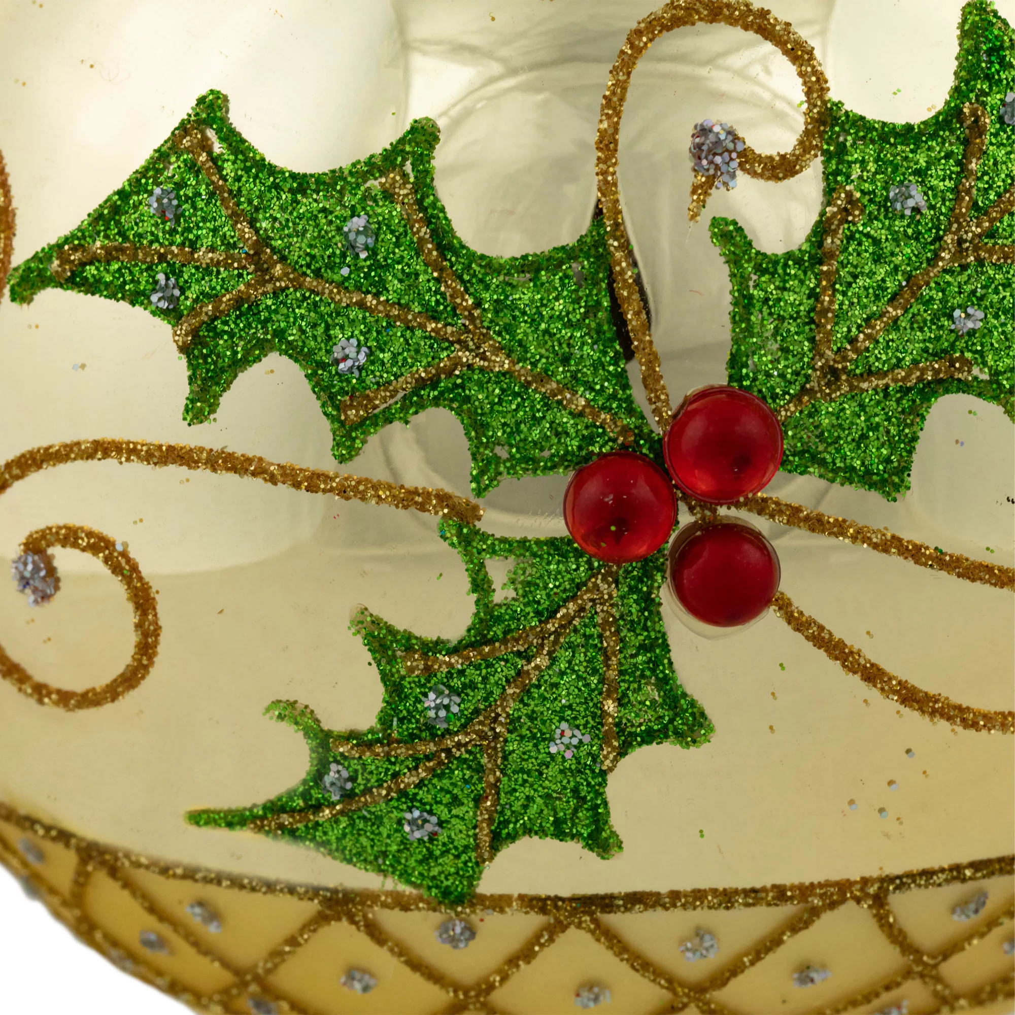 Set of 2 Golden Glitter Holly Finial Christmas Glass Ornaments 5