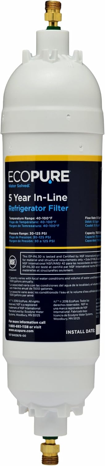 EcoPure EPINL30 5 Year in-Line Refrigerator Filter, White & Eastman 41033 Braided Stainless Steel Ice Maker Connector, 1/4 inch Comp, 5 Ft Length, 5'