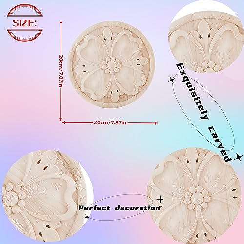 Round Wood Appliques Onlays Unpainted Wooden Carving Decal DIY Wood Carved Furniture Appliques Onlays for Wall Bed Door Wardrobe Cabinet Furniture Decoration(09,15x15cm/5.91x5.91inch)