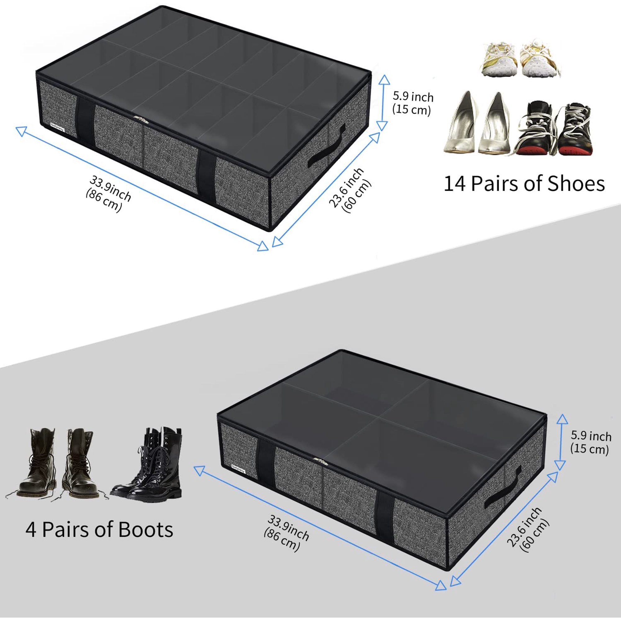 Under Bed Shoe Storage Organizer with Sturdy Handles and Clear Window  Premium Foldable Underbed Shoes Container Box for Closet, Linen-like Black