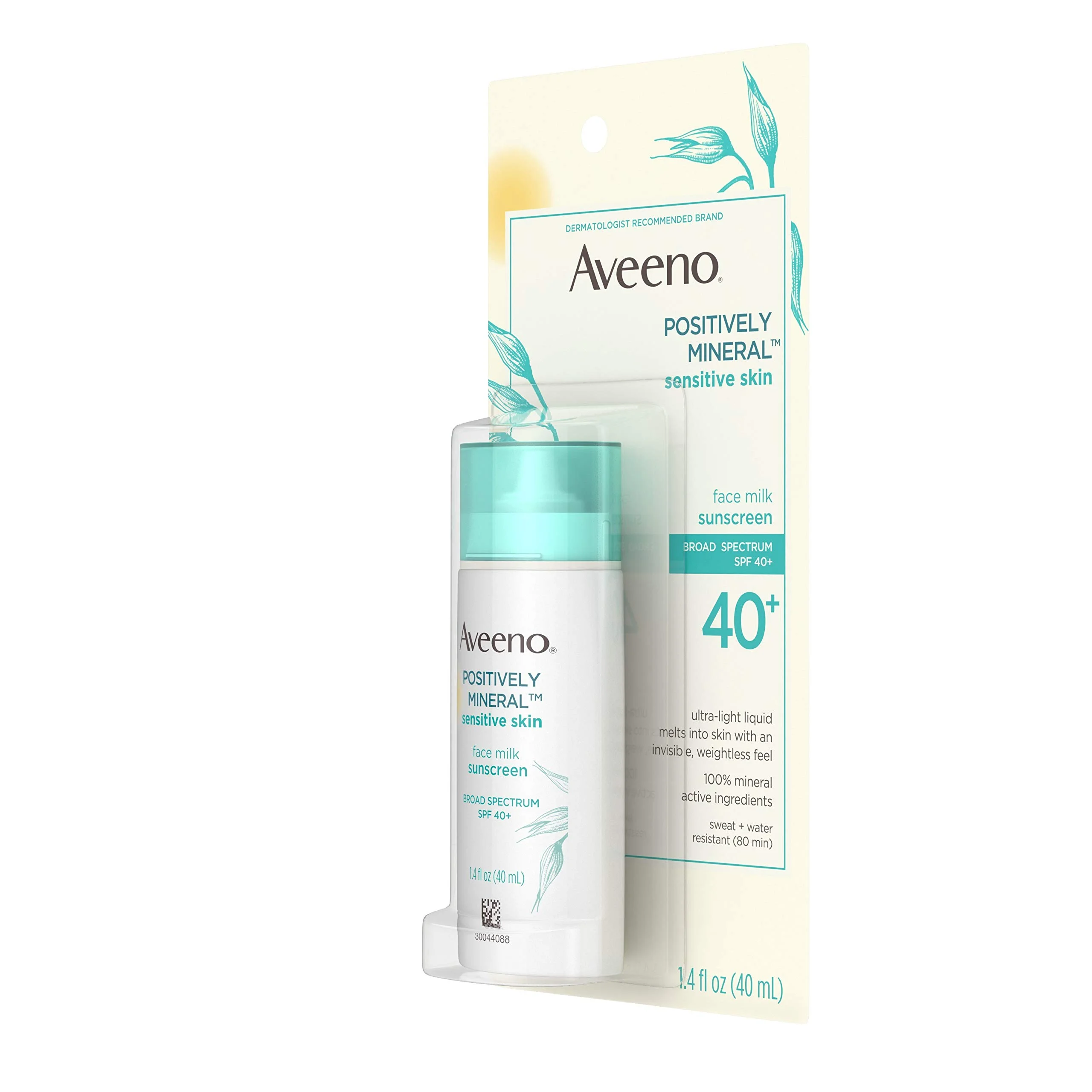 Aveeno Positively Mineral Sensitive Skin Spf 40+ Sunscreen Face Milk With Zinc Oxide & Titanium Dioxide, Invisible Oil-Free Liquid Facial Sunscreen, Paraben- & Phthalate-Free, 1.4 Fl. Oz